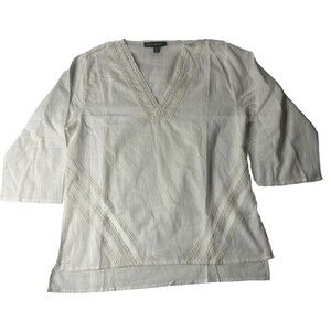 Kate & Mallory M Women’s White V Neck Blouse Tunic Lace Trim Boho Classic Cotton